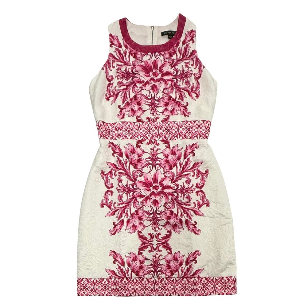 Boston Proper Tile Print Textured Jacquard Sheath Dress Size 6 Pink Multi W480